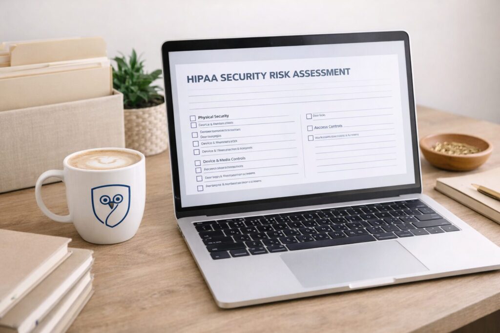Laptop displaying a HIPAA security risk assessment on a desk with Guardian Clinical Essentials branded coffee mug and organized workspace