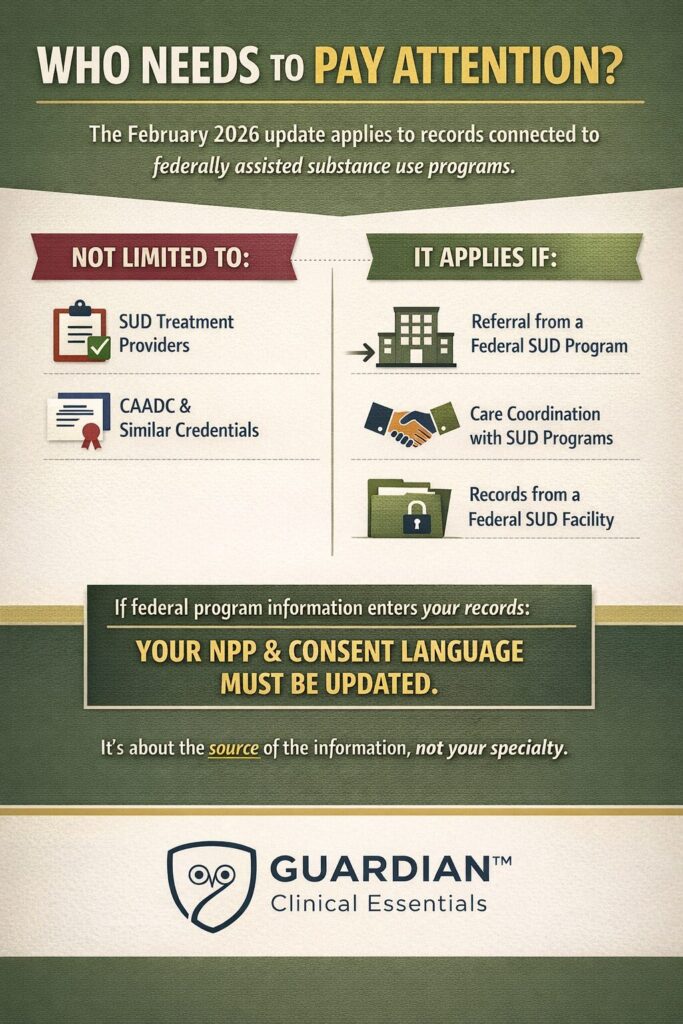 February 2026 federal update on substance use disorder confidentiality showing when Part 2 applies to mental health therapists