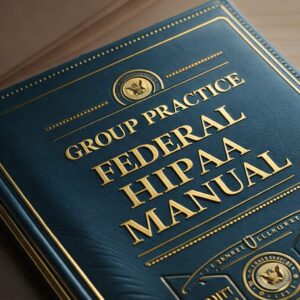 Graphic portraying the Group Practice Federal Manual on a large hard cover navy book.
