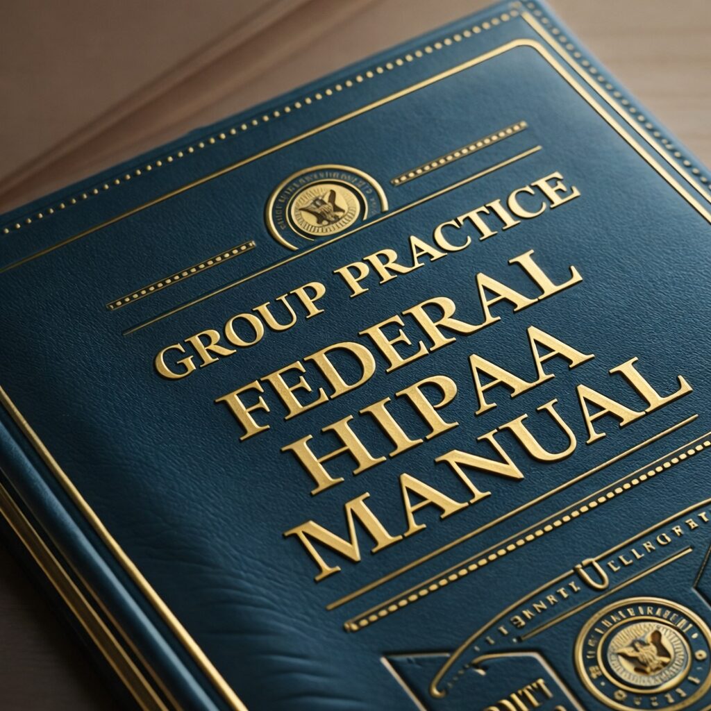 Graphic portraying the Group Practice Federal Manual on a large hard cover navy book.