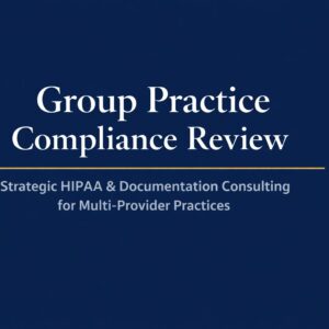 Graphic reading “Group Practice Compliance Review” with subtitle “Strategic HIPAA & Documentation Consulting for Multi-Provider Practices” on a navy background.