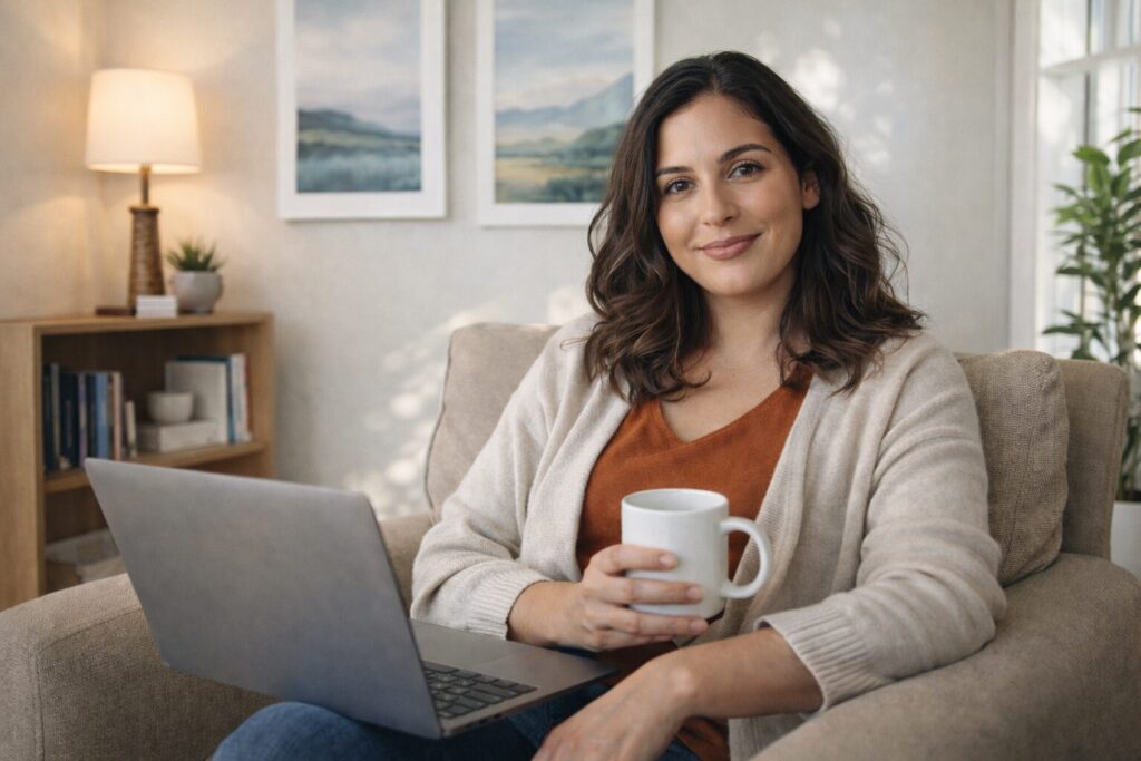 Content Therpist, sitting in an office with laptop on her lap and coffee in hand