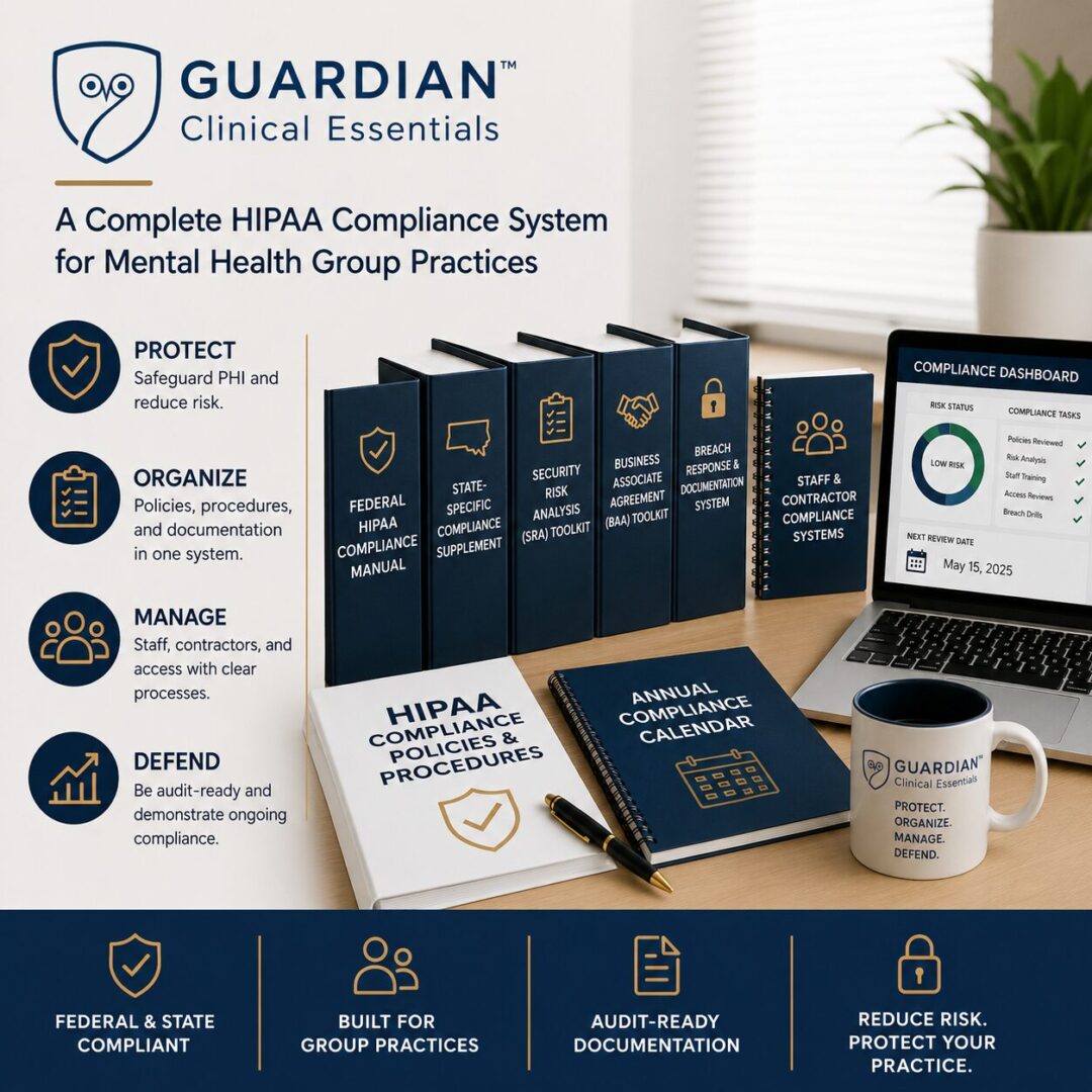 Guardian Diamond Compliance Essentials digital compliance system for mental health practices featuring comprehensive HIPAA documentation, website compliance guidance, implementation support, annual compliance review, and ongoing compliance updates from Guardian Clinical Essentials.