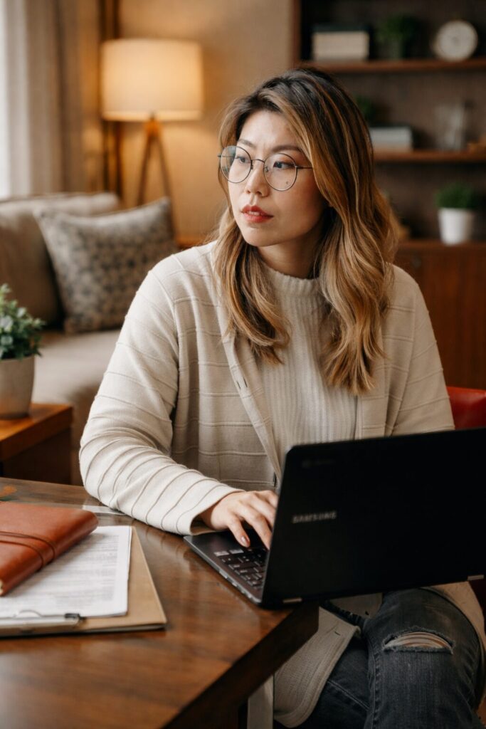 Female therapist in comfortable office sitting with a laptop and compliance documentation