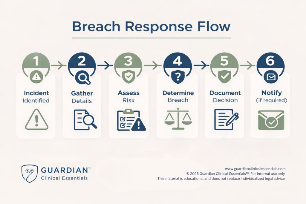 HIPAA breach response flow showing steps to assess, document, and respond to a potential breach