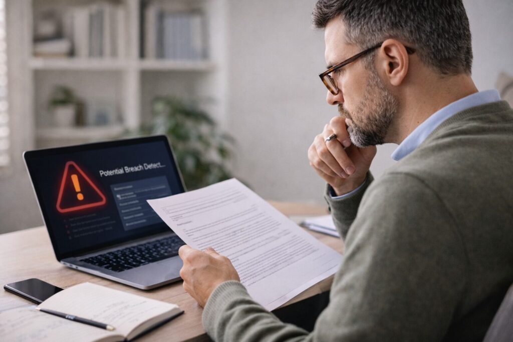 Therapist reading a document while sitting at a laptop with a breach warning on the screen.