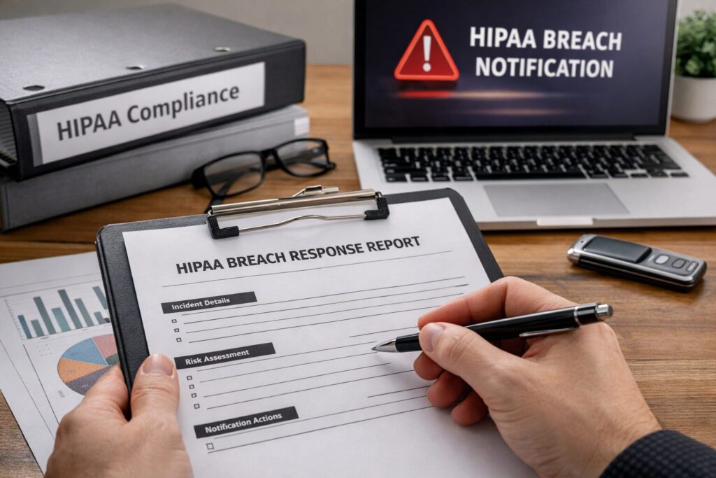 Therapist documenting a potential HIPAA breach and completing a risk assessment at a desk