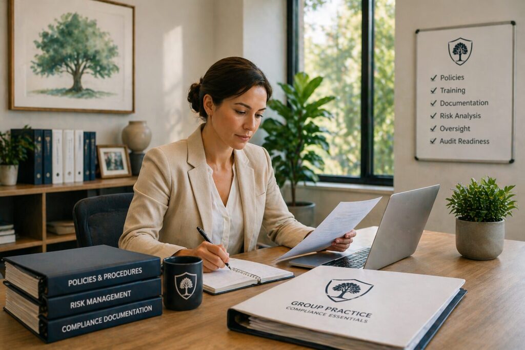 Mental health practice owner reviewing compliance documents at desk with organized binders, laptop, and written notes