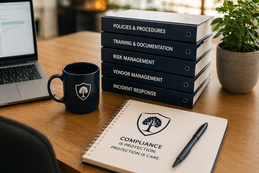 Mental health group practice owner's desk with compliance materials.