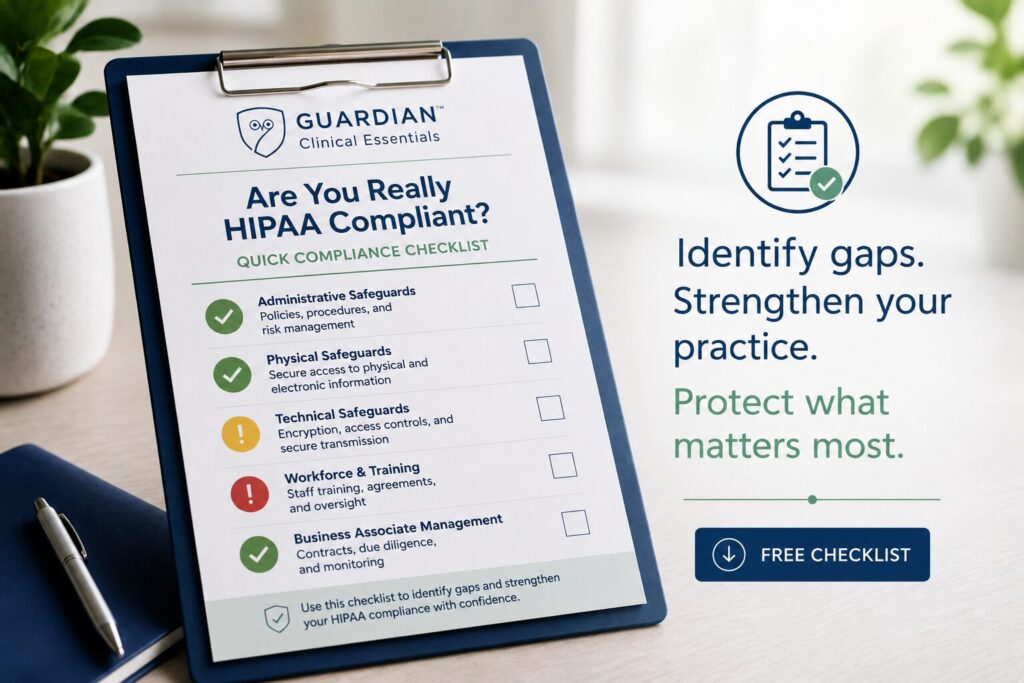 HIPAA compliance checklist for therapists by Guardian Clinical Essentials featuring free mental health practice compliance resources.