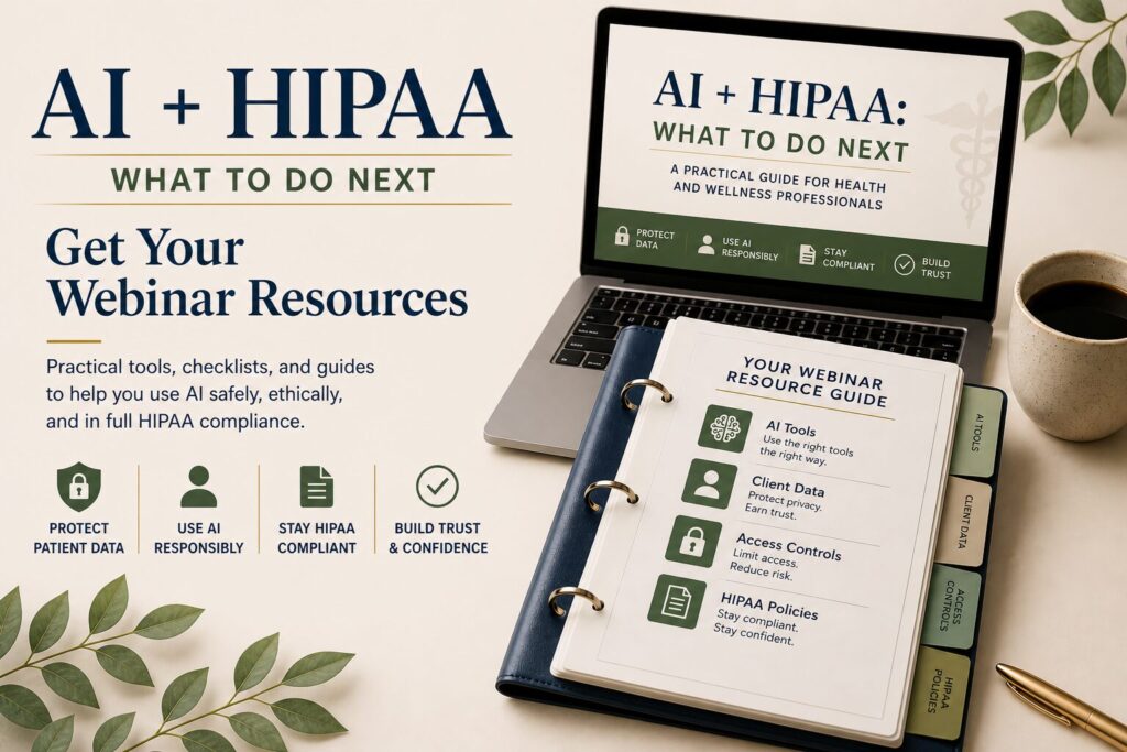 AI and HIPAA compliance resources for therapists displayed on laptop and organized binder with key privacy and data protection topics.