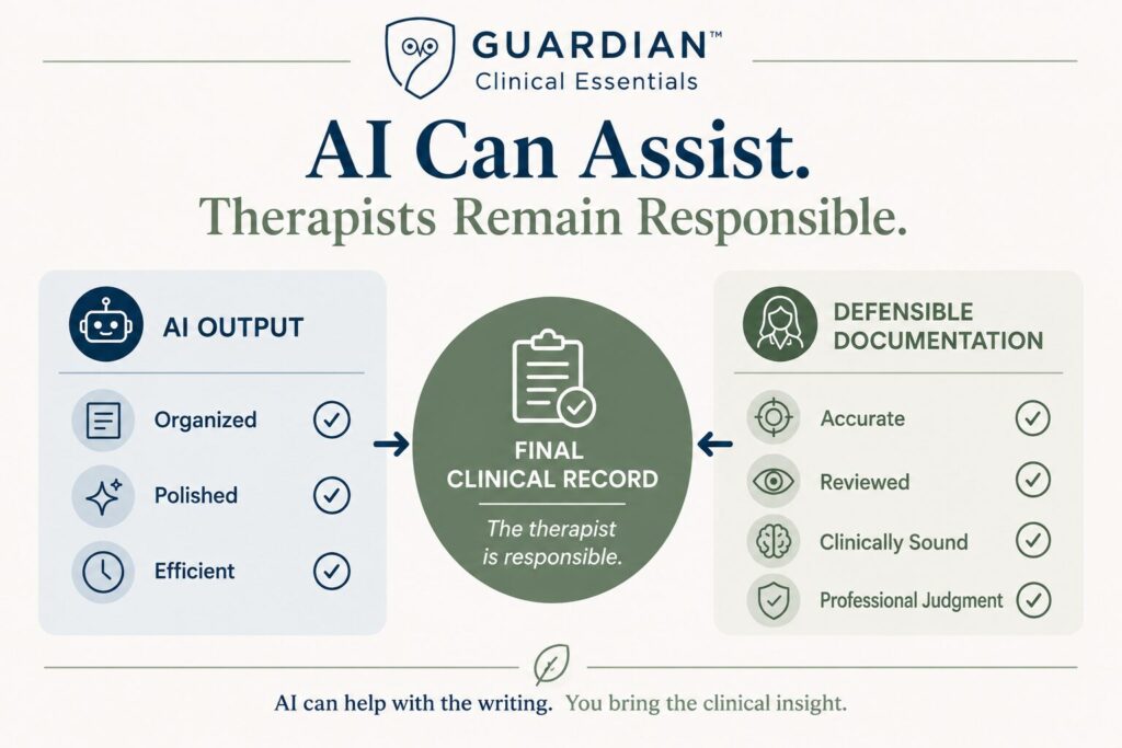 Graphic comparing AI-generated writing and defensible clinical documentation, emphasizing therapist responsibility for the final clinical record.