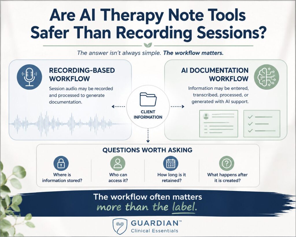 Guardian Clinical Essentials infographic titled "Are AI Therapy Note Tools Safer Than Recording Sessions?" The graphic compares a recording-based workflow and an AI documentation workflow, both leading to client information. A section labeled "Questions Worth Asking" encourages therapists to consider where information is stored, who can access it, how long it is retained, and what happens after it is created. The graphic concludes with the message: "The workflow often matters more than the label."