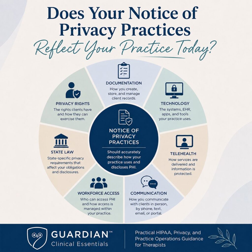 Circular infographic titled "Does Your Notice of Privacy Practices Reflect Your Practice Today?" The graphic illustrates how a Notice of Privacy Practices should align with multiple areas of a therapy practice, including documentation, technology, telehealth, communication methods, workforce access, state law requirements, and client privacy rights. At the center, the graphic emphasizes that a Notice of Privacy Practices should accurately describe how the practice uses and discloses protected health information. Guardian Clinical Essentials™ branding appears at the bottom.