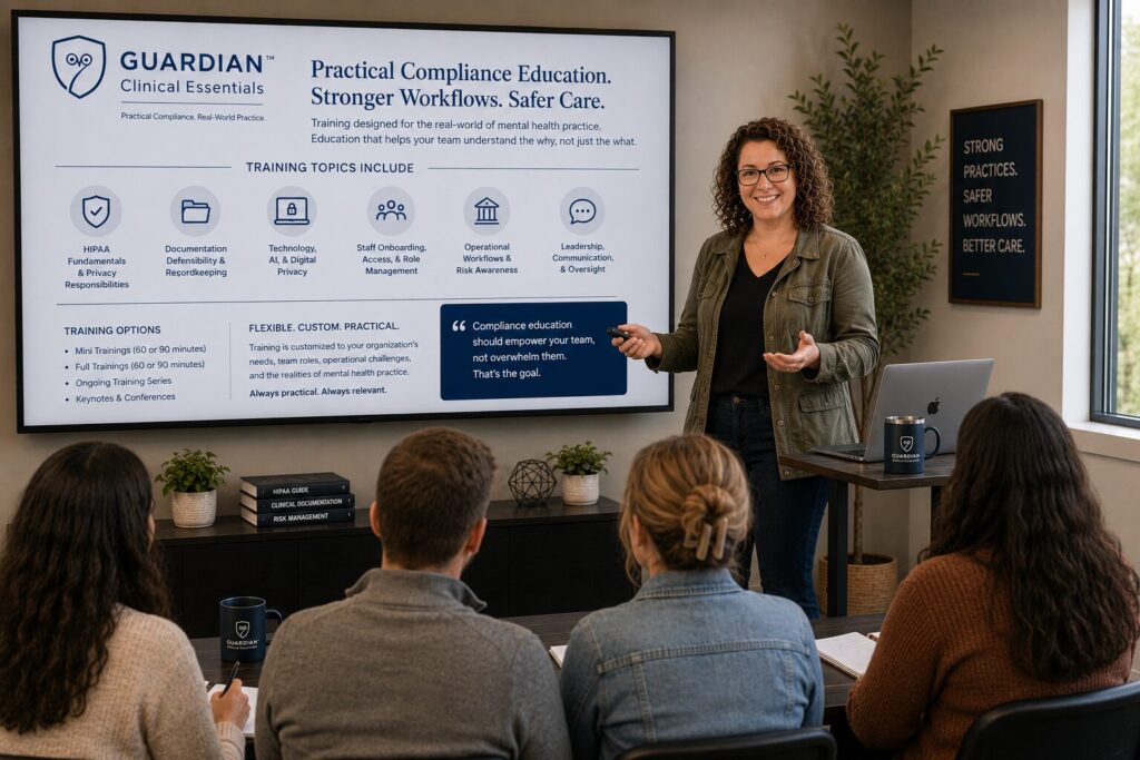 Samantha Schalk conducting a live compliance training presentation for therapists and behavioral health organizations.
