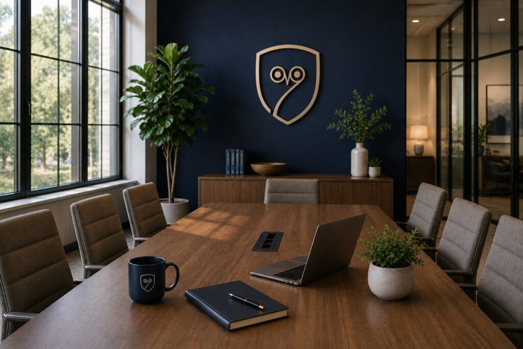 Modern executive conference room with Guardian Clinical Essentials branding, representing premium HIPAA consulting and compliance partnerships for behavioral health organizations.