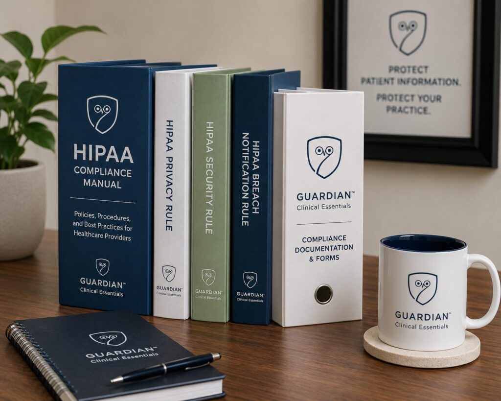 Guardian Clinical Essentials HIPAA compliance manuals and documentation binder displayed on a professional office desk alongside a branded mug and notebook.