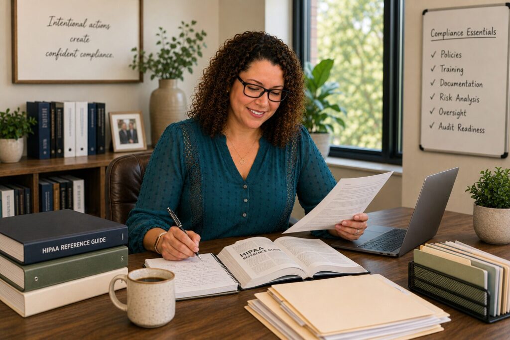 Samantha Schalk reviews HIPAA compliance documents and takes notes in her office, using an open HIPAA reference guide alongside a laptop, file folders, and organized compliance resources.