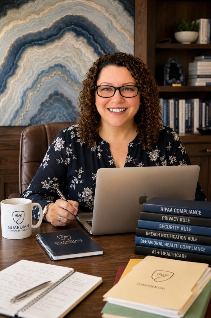 Samantha Schalk sits at a wooden desk in a professional office, smiling toward the camera while holding a pen beside an open laptop. She wears a navy floral blouse and black glasses, with books on HIPAA compliance and behavioral health stacked on the desk. A notebook displaying a HIPAA compliance checklist and a white mug featuring the Guardian Clinical Essentials owl logo sit in the foreground. Behind her are bookshelves, plants, a framed sign reading 'Practical. Ethical. Actionable.,' and blue geode-inspired wall art