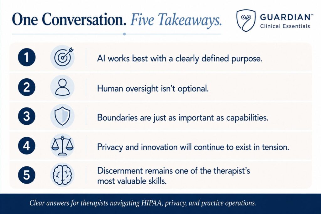 "Guardian Clinical Essentials infographic titled 'One Conversation. Five Takeaways' summarizing key lessons from an interview about building AI for therapy practices: AI works best with a clearly defined purpose, human oversight remains necessary, boundaries matter, privacy and innovation often exist in tension, and discernment remains one of a therapist's most valuable skills."