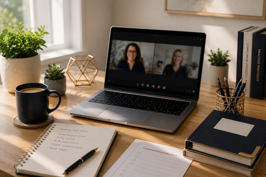 Therapist participating in a virtual compliance strategy call from a clean, professional workspace with notebook, laptop, and coffee.