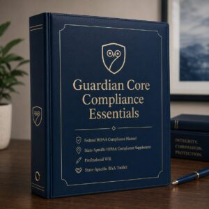 Guardian Core Compliance Essentials digital HIPAA compliance documentation package for mental health practices, including the Federal HIPAA Compliance Manual, State-Specific HIPAA Compliance Supplement, Professional Will, and State-Specific BAA Toolkit. Binder shown for illustration only.