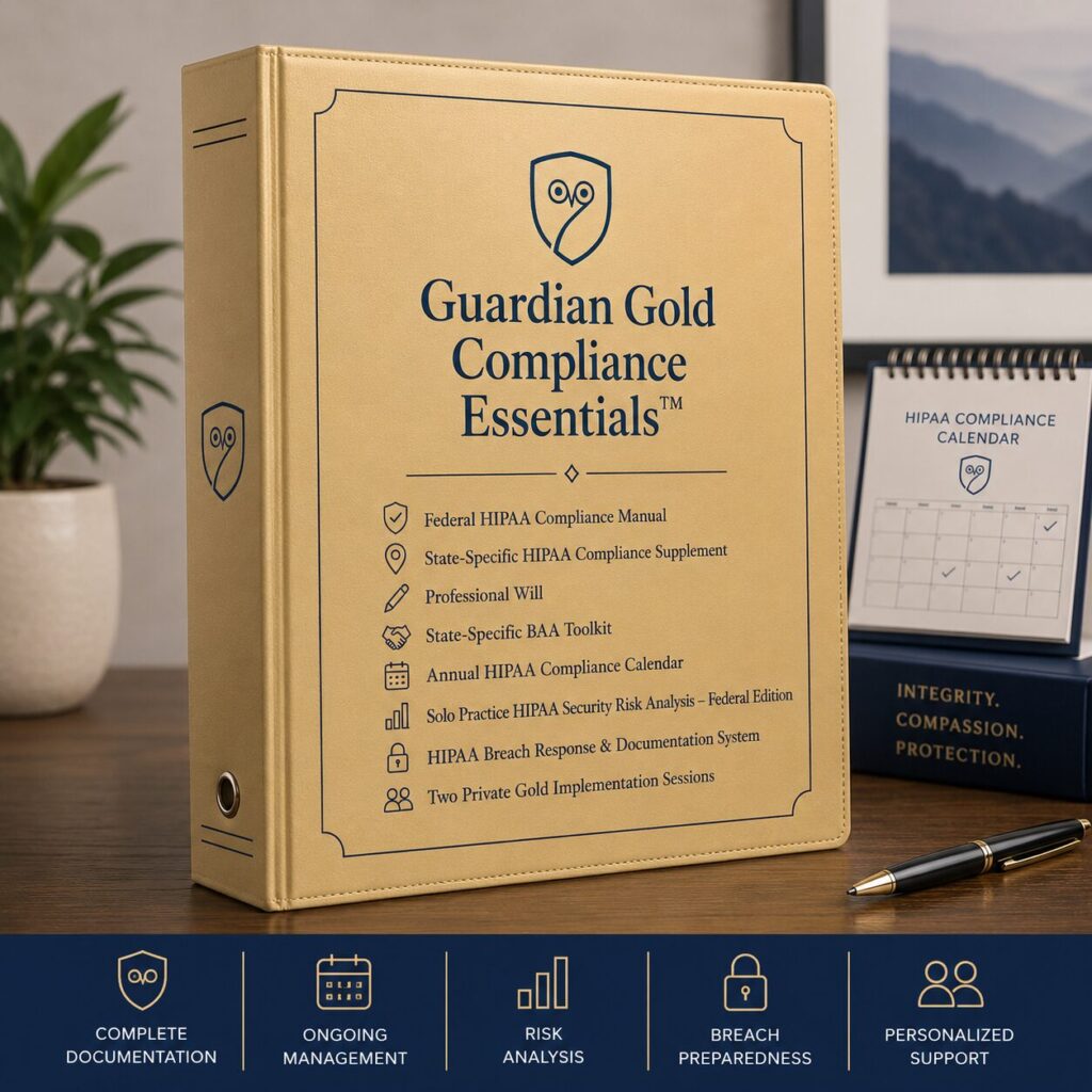 Guardian Gold Compliance Essentials™ digital HIPAA compliance system for solo mental health practices featuring the Federal HIPAA Compliance Manual, State-Specific HIPAA Compliance Supplement, Professional Will, State-Specific BAA Toolkit, Annual HIPAA Compliance Calendar, Solo Practice HIPAA Security Risk Analysis – Federal Edition, HIPAA Breach Response & Documentation System, and two private implementation sessions. Binder and calendar shown as visual representations of the included digital resources.