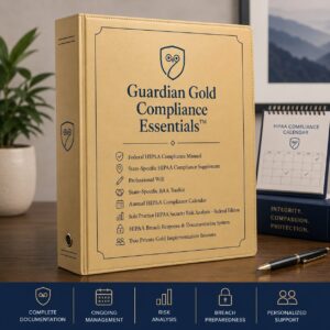 Guardian Gold Compliance Essentials™ digital HIPAA compliance system for solo mental health practices featuring the Federal HIPAA Compliance Manual, State-Specific HIPAA Compliance Supplement, Professional Will, State-Specific BAA Toolkit, Annual HIPAA Compliance Calendar, Solo Practice HIPAA Security Risk Analysis – Federal Edition, HIPAA Breach Response & Documentation System, and two private implementation sessions. Binder and calendar shown as visual representations of the included digital resources.