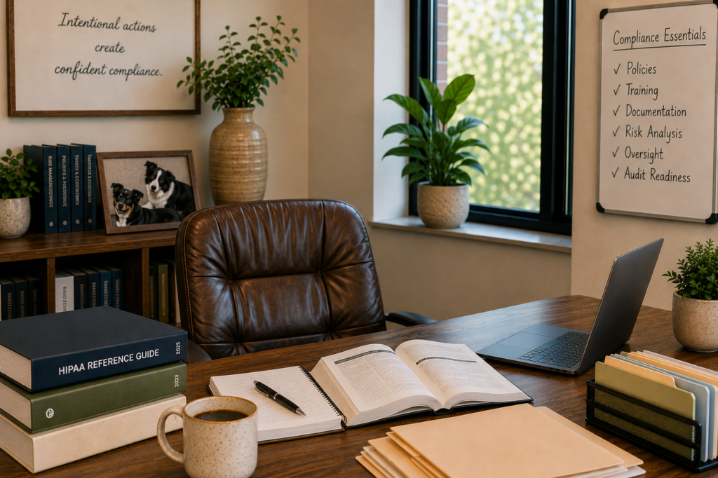 HIPAA compliance documents and notes in an office, Open HIPAA reference guide alongside a laptop, file folders, and organized compliance resources.