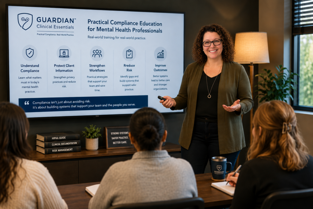 Samantha Schalk presenting practical compliance education for mental health professionals during a small group training.