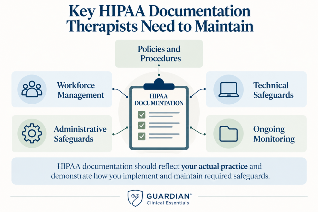 HIPAA documentation infographic for therapists showing five key areas: policies and procedures, workforce management, technical safeguards, administrative safeguards, and ongoing monitoring, organized around a central HIPAA documentation checklist.
